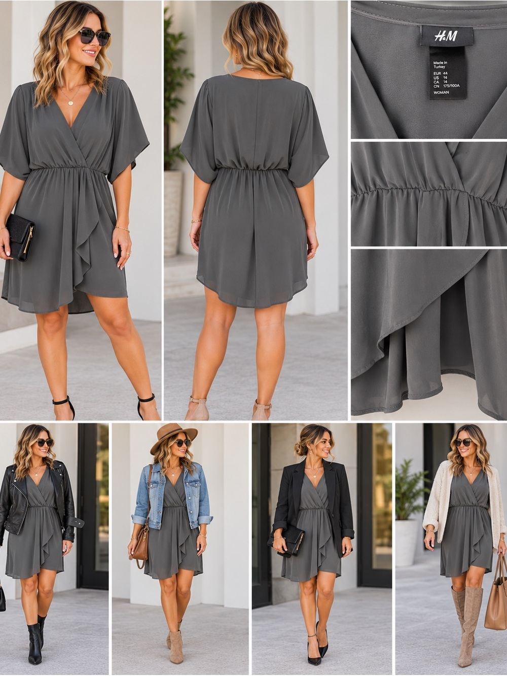 H&M Charcoal Gray Flutter Sleeve V-Neck Mini Dress